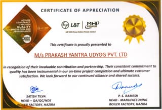 L&T certificate of appreciation from the Hazira boiler factory.