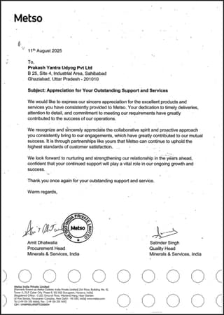 Metso letter of appreciation for support and services.