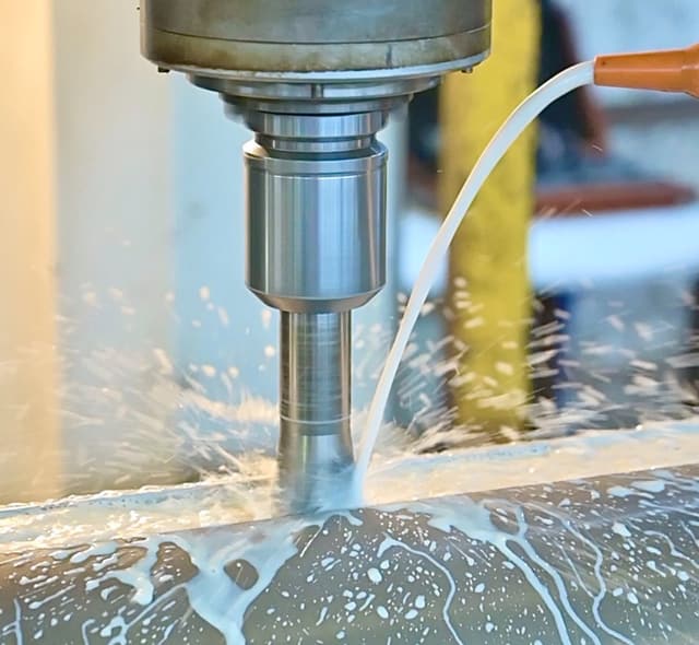 An end mill cutting a forging under flood coolant.
