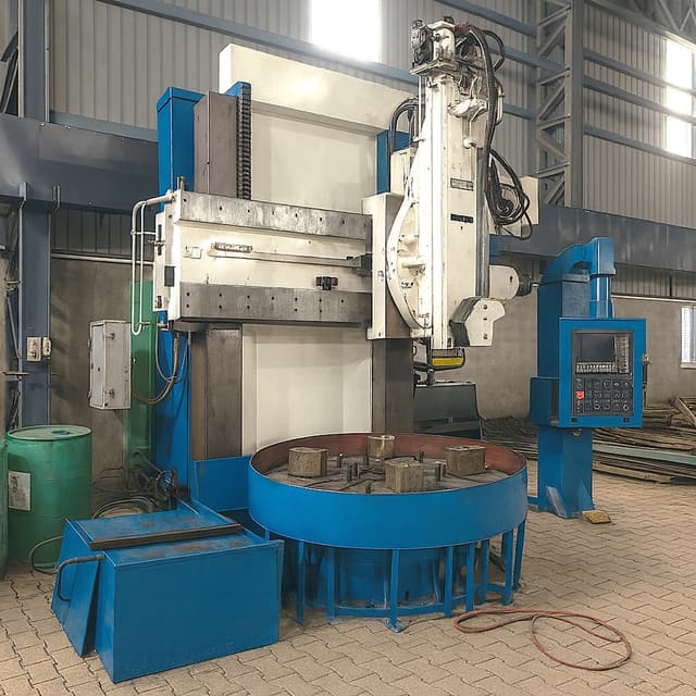 A vertical turning lathe with its table open, ready for a disc forging.
